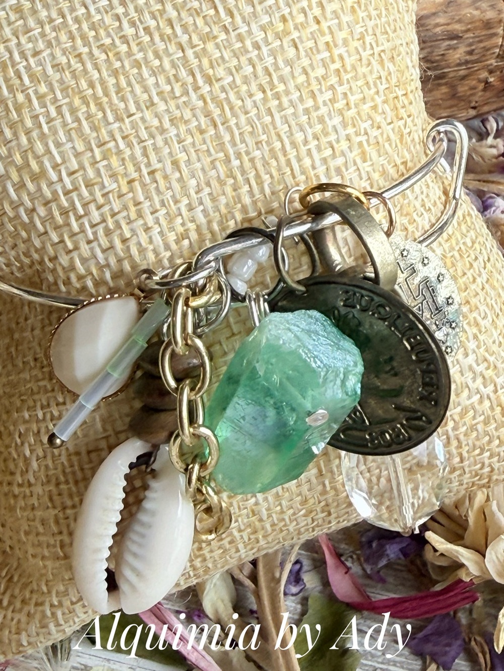 Seafoam Green Raw Crystal Quartz & Shell Charm Bracelet
